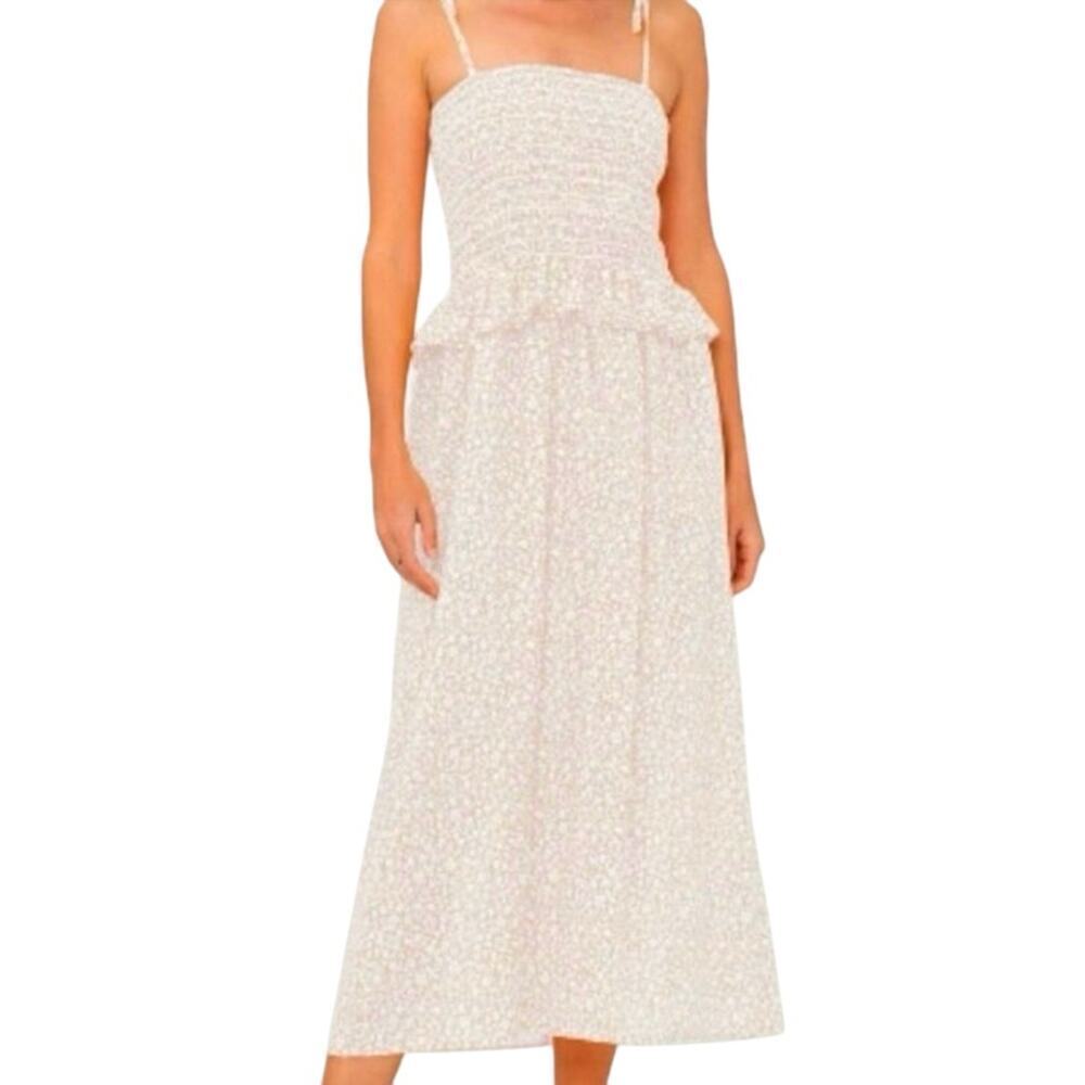 LACAUSA Bardot Vintage Lilac Floral Smocked Ruffle Midi Sundress Dress - Sz M